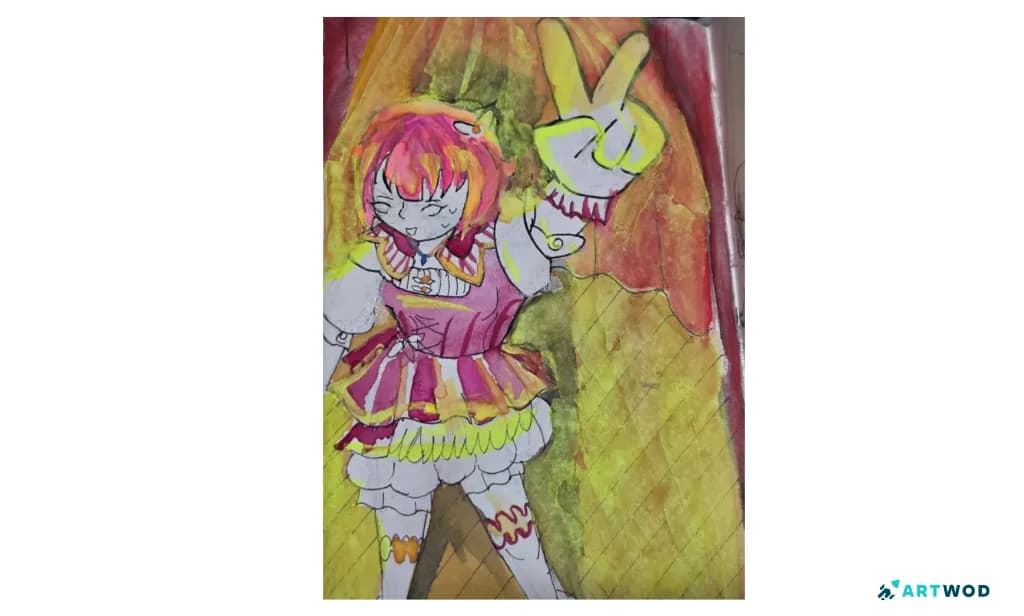 Anime watercolor drawing of a character with pink hair, colorful clothing, a raised hand, and strong yellow-green lighting