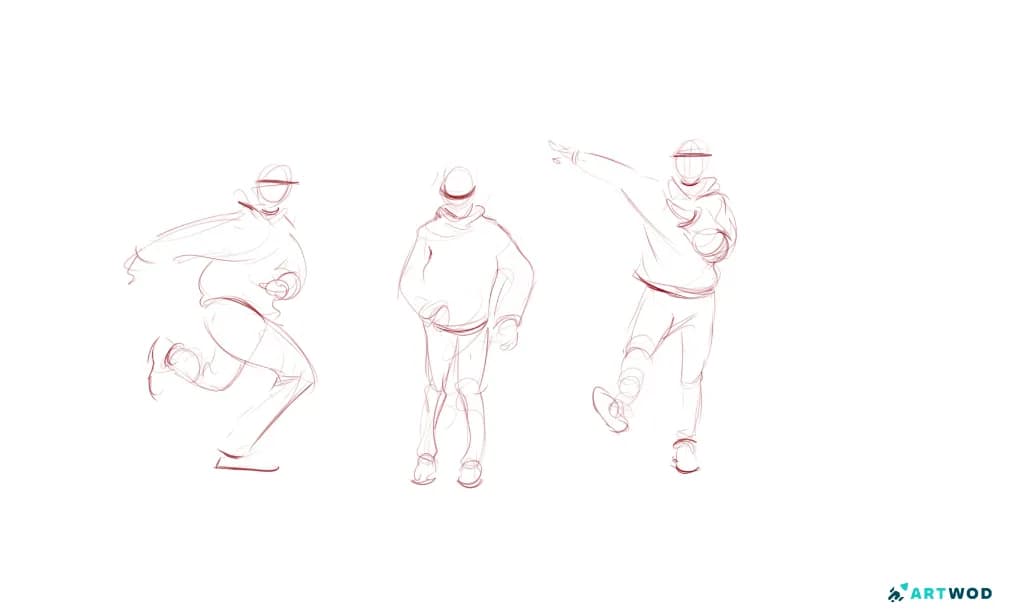 Três desenhos de um minuto de um homem dançando, um homem está usando um moletom com capuz, um boné e jeans justos.