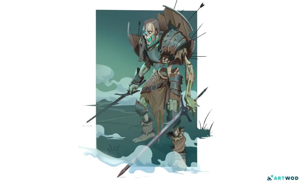 Dessin numérique en 2D par Antonio Stappaerts : un squelette mort-vivant avec deux épées, un guerrier squelette dans un endroit désert entouré de brume. Couleurs vert, cyan et marron, avec des détails de métal et de sang.