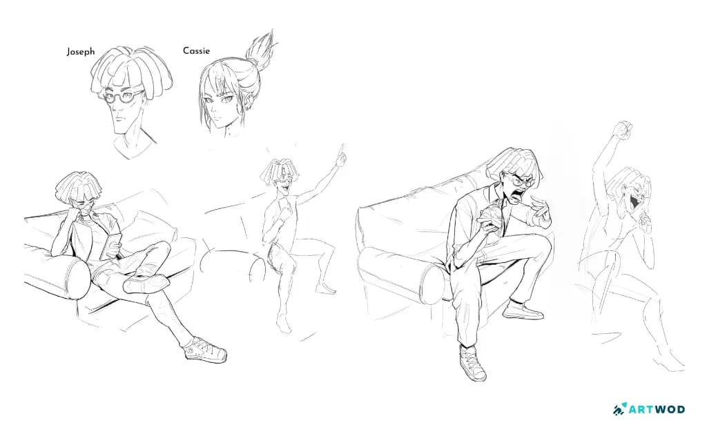 Joseph and Cassie Characters, their neutral faces for reference, then 4 drawings of Joseph with different expressions and poses. 2d, digital drawings black pen