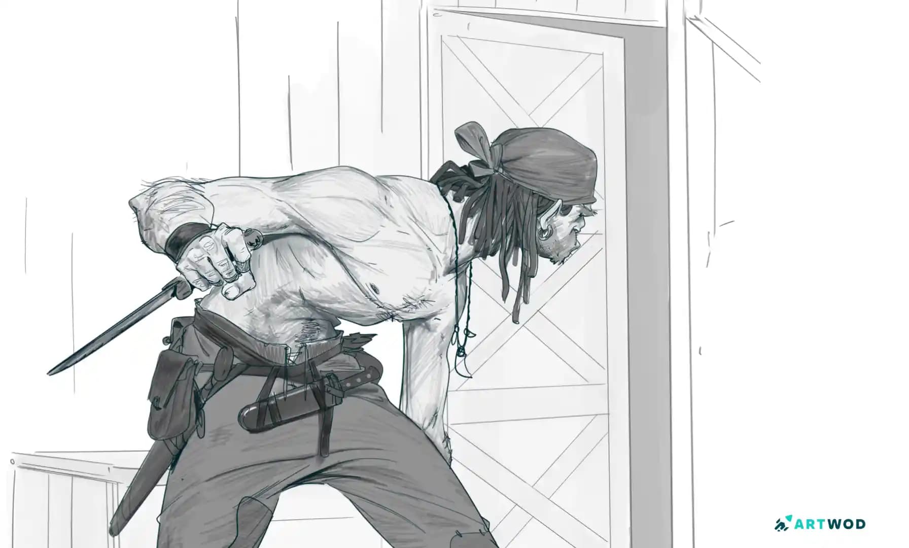 Dessin numérique 2D d'un pirate qui se faufile, par Antonio Stappaerts
