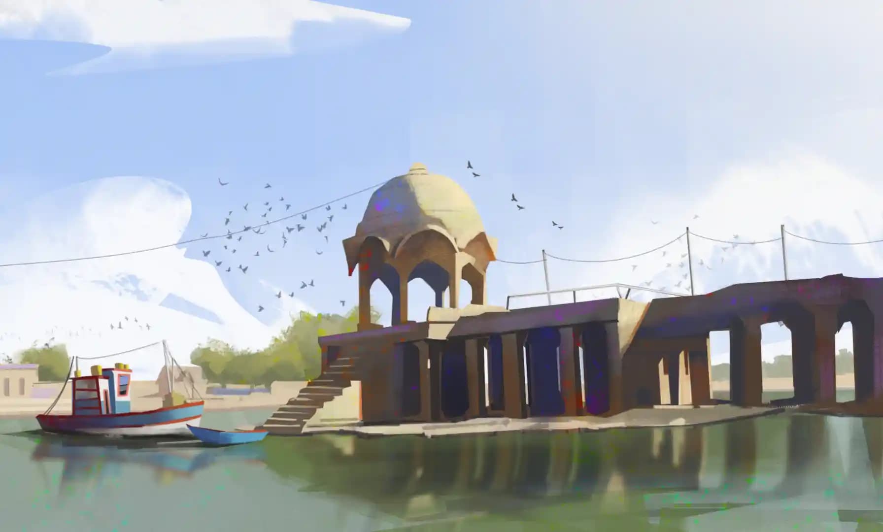 Décor par Jesus Meza, une rivière avec un bateau et une structure architecturale, échelle, ciel et nuages, dessin numérique 2D, peinture