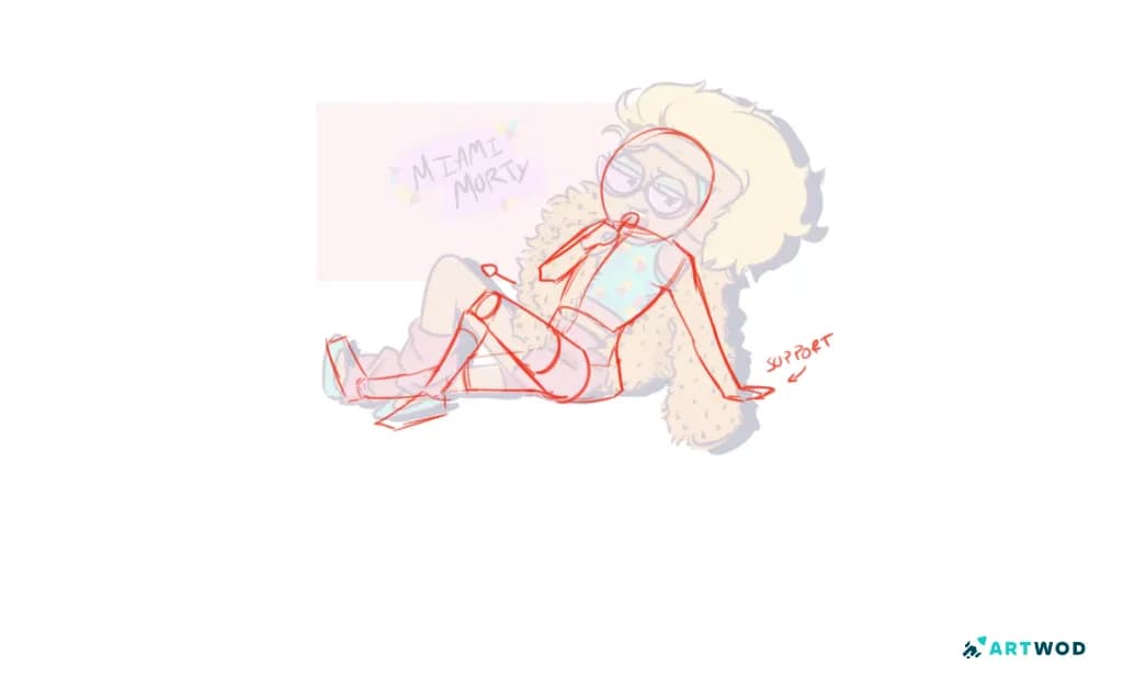 Rick and Morty pose drawing paintover showing simplified figure construction, joint placement, body direction, and a support point beneath the character