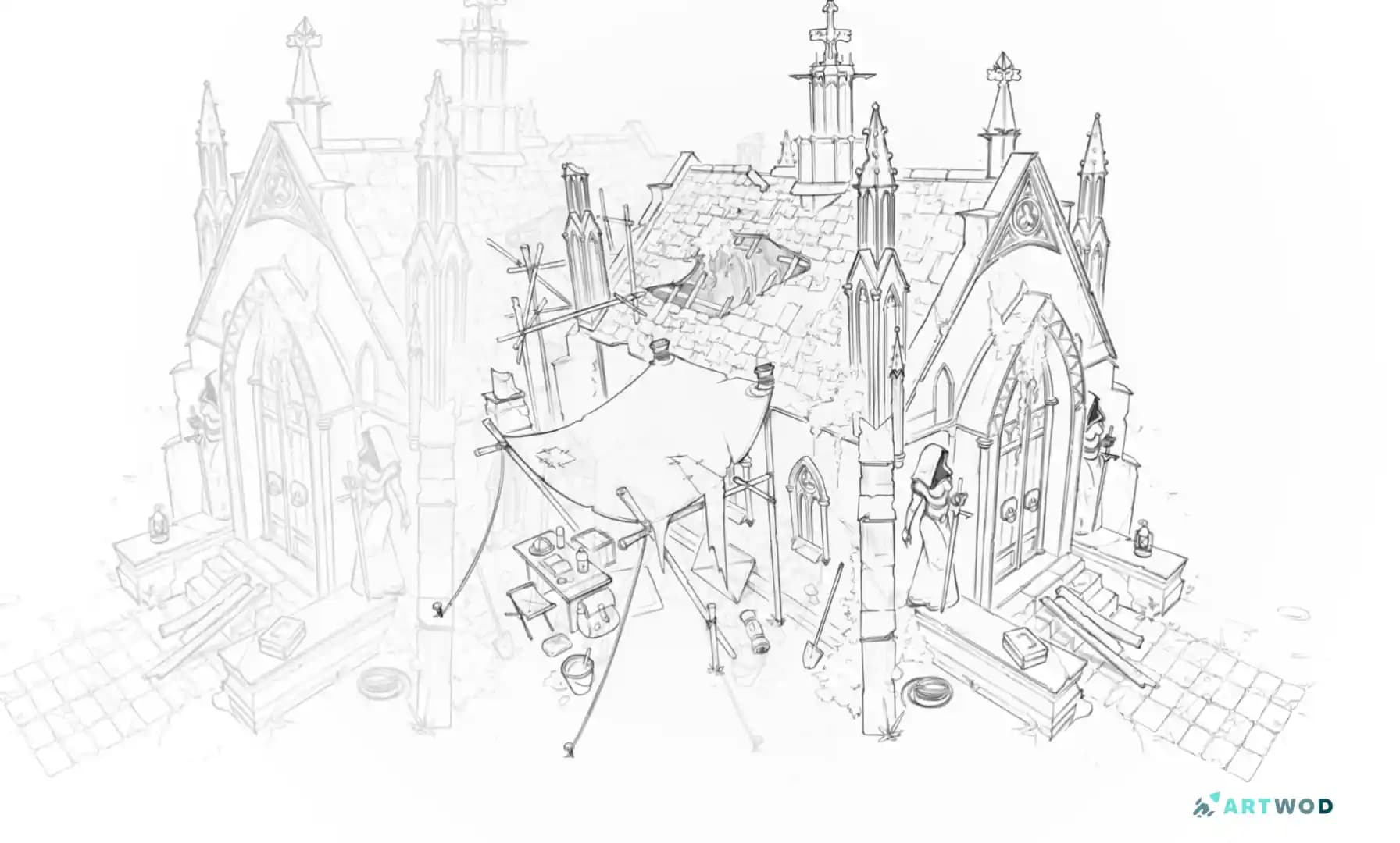 A gothic castle drawing in black pen, digital 2d art