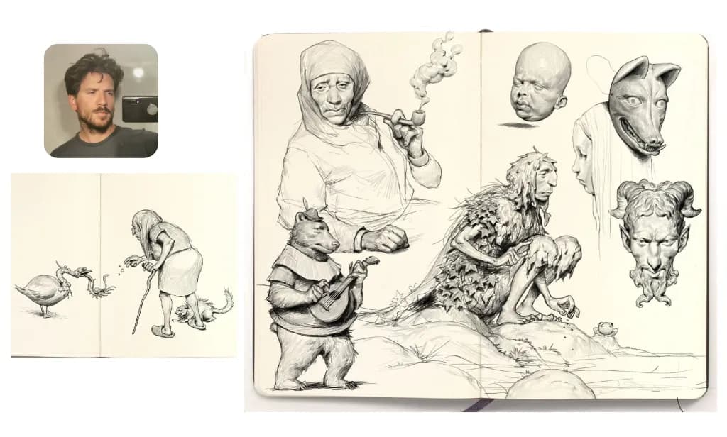 Dessin de Jens Claessens à côté de sa photo (selfie). 2 pages de carnet de croquis. Page 1 : une vieille dame qui nourrit une oie bizarre, page 2 : des croquis de personnes et d'animaux. Le tout fait au crayon 2d.