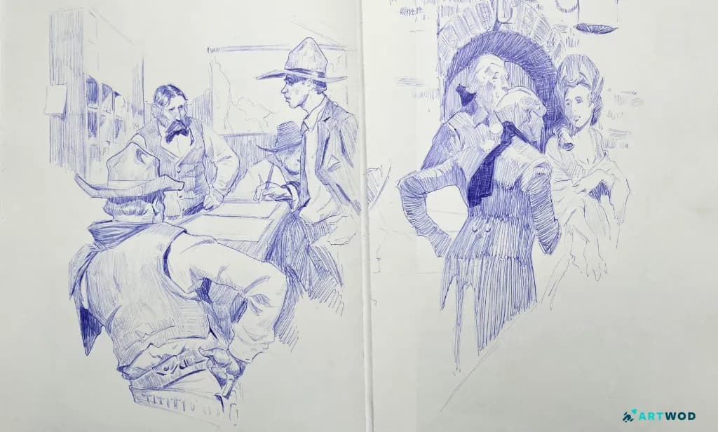 Skizzenbuch mit Kugelschreiberzeichnungen, 2 Seiten, Szenenbild, 3 Männer in einer Taverne, 3 Aristokraten im Gespräch
