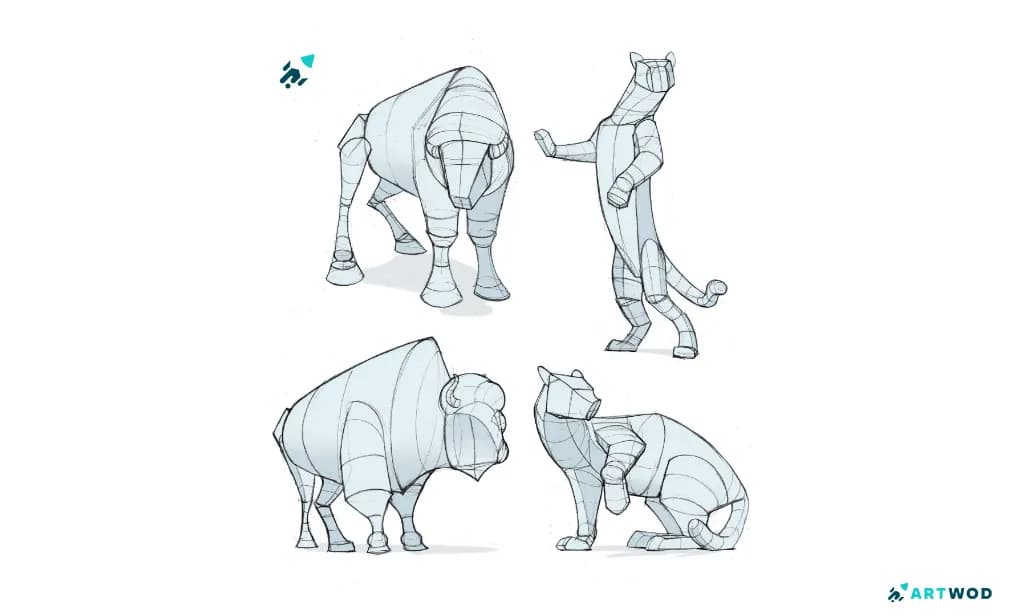 Skizzen von Tieren, 2 Bullen und 2 Katzen, zerlegt in einfache Formen. Digitale 2D-Zeichnung.
