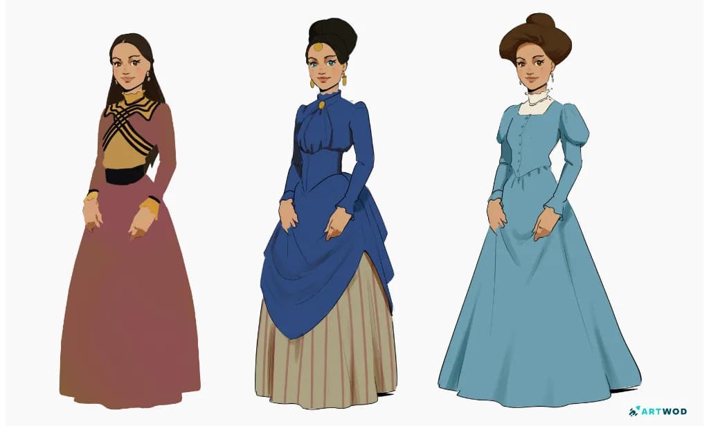 Charakterdesign von Antonio Stappaers, 3 Damen in historischen viktorianischen Outfits, farbige 2D-Kunst