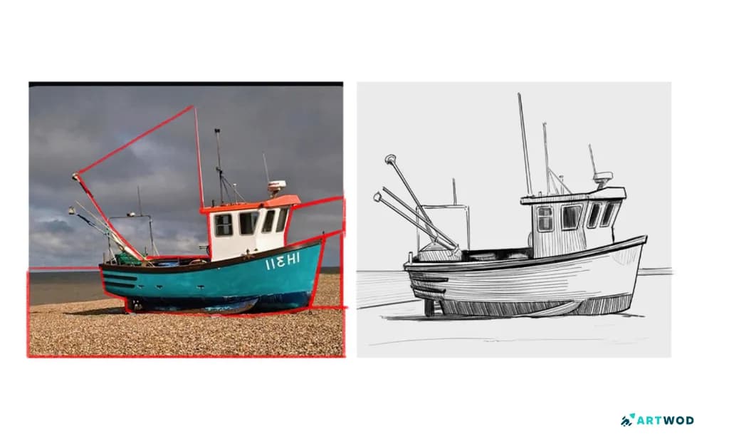Dessin d'un bateau par Fosco. Remarque le contour de l'espace négatif.