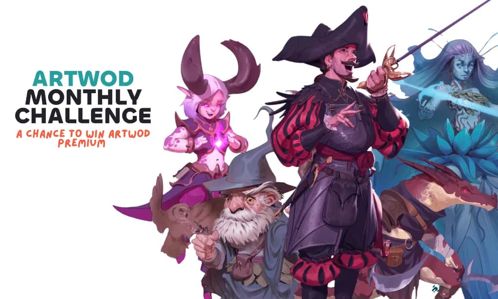 Artwod monatliche Challenge – 2D-Kunstposter mit einer Ansammlung von Charakteren von Antonio Stappaerts: Krieger, Drache, Gnomenmagier, Dämonenmädchen.