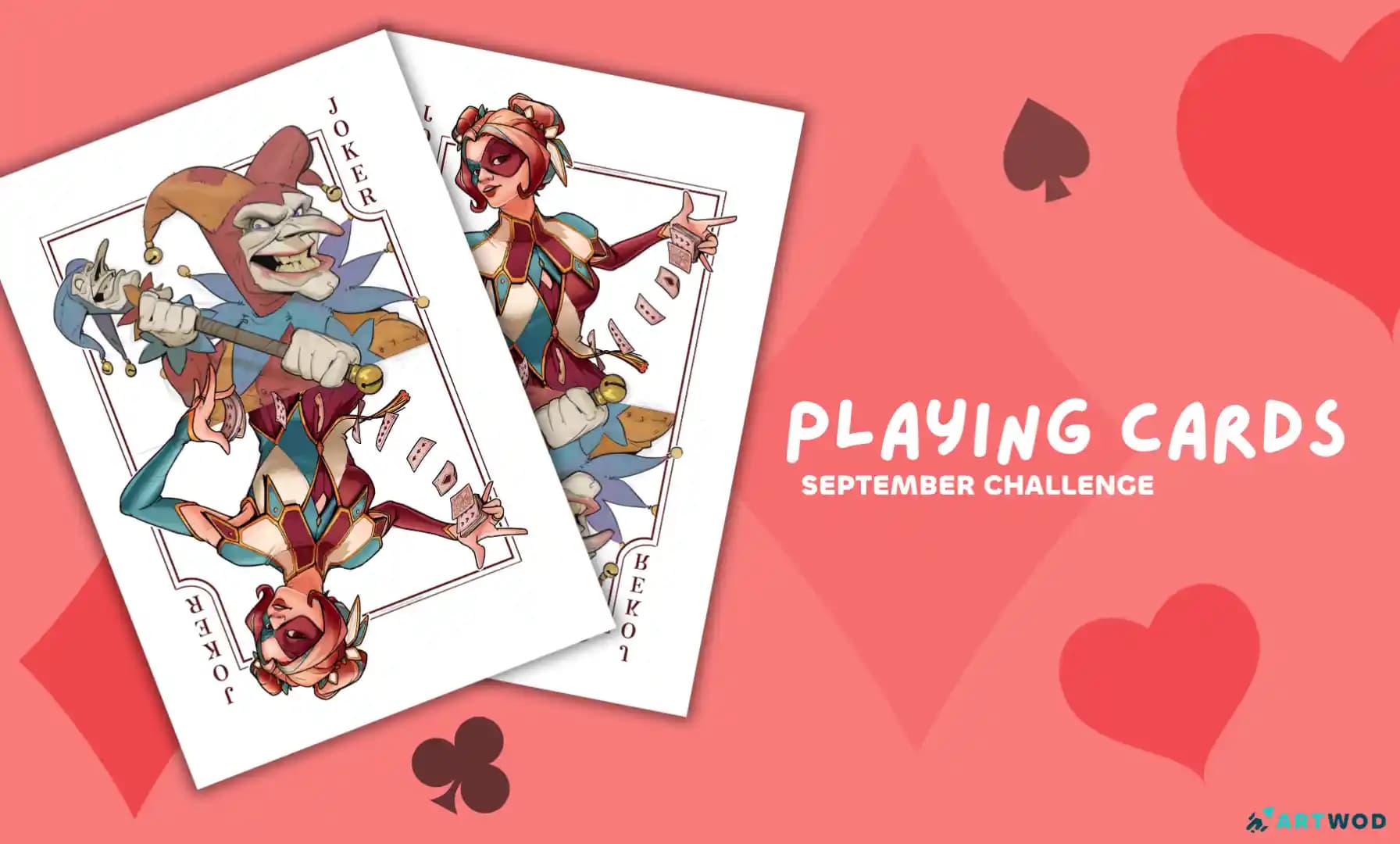 Spielkarten-Challenge, 2 Spielkarten nebeneinander, obere Karte von Axel Van Nederkassel, untere von Hannah. Joker-Karte