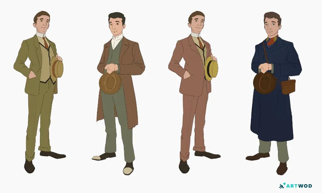 Charakterdesign von Antonio Stappaers, 4 Männer in viktorianischen Outfits, farbige 2D-Kunst