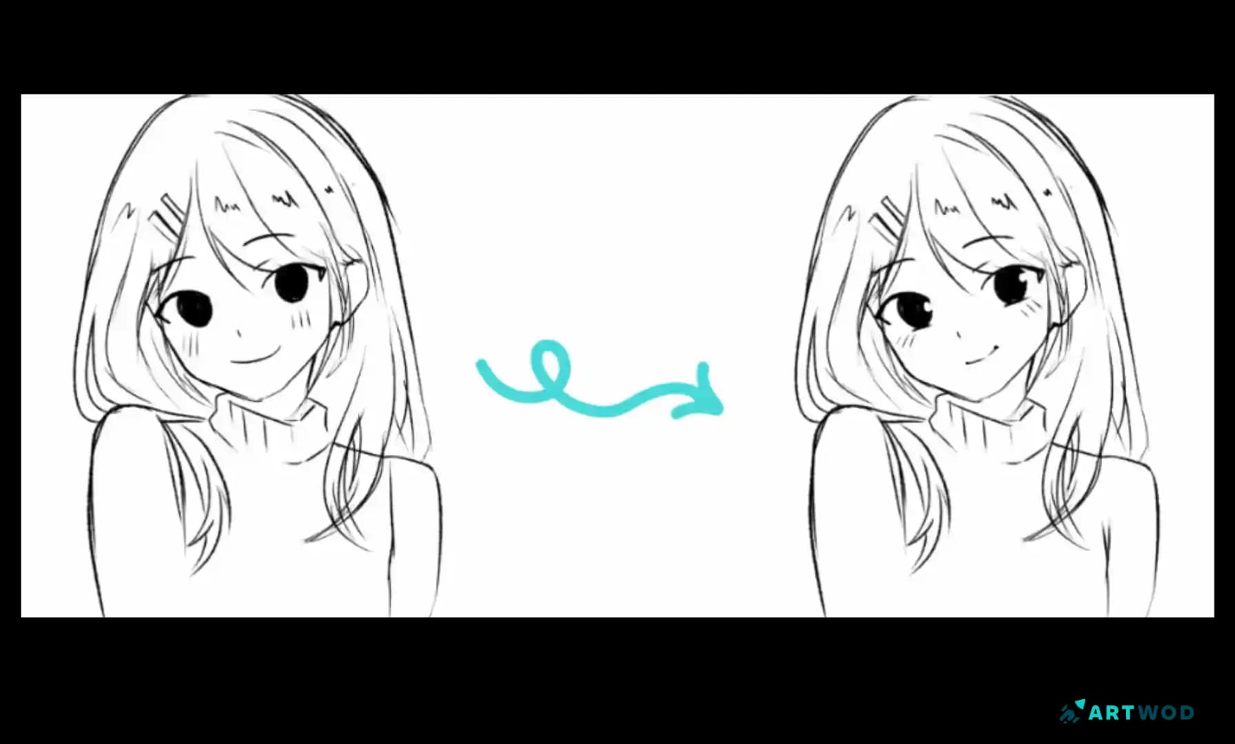 Cute happy anime expression drawing showing a smiling character with large eyes and rounded facial features