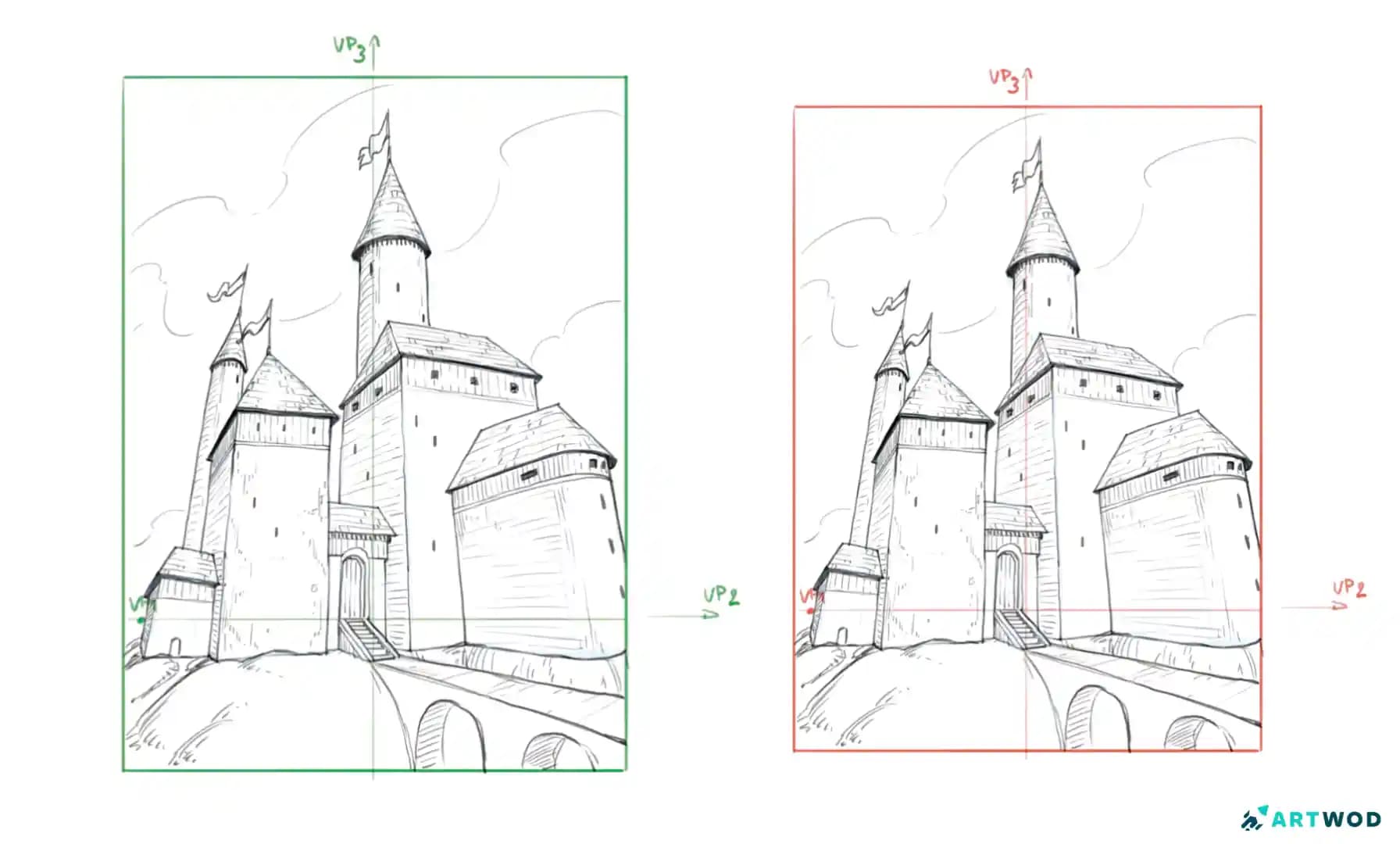 Deux dessins numériques en 2D de châteaux côte à côte, avec 2 points de fuite indiqués