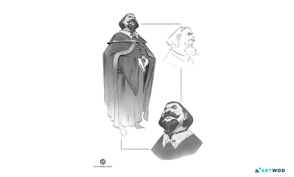 Travail numérique en 2D par Antonio Stappaerts, un prêtre maléfique, dessin en niveaux de gris, personnage entier avec vue de profil et de face.
