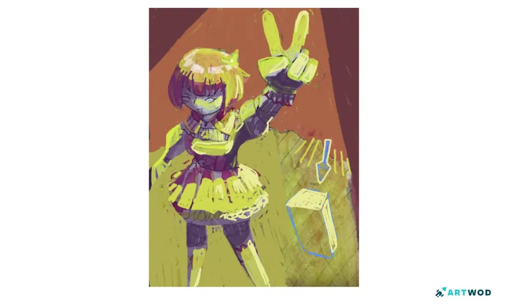Anime watercolor lighting paintover showing a clearer spotlight direction, controlled highlights, and adjusted illumination across the character and chair