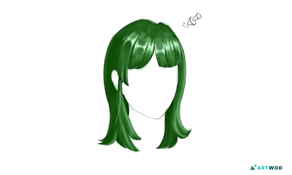 Anime bangs paintover showing clearer hair masses, smoother hair flow, and highlights organized around a defined light source