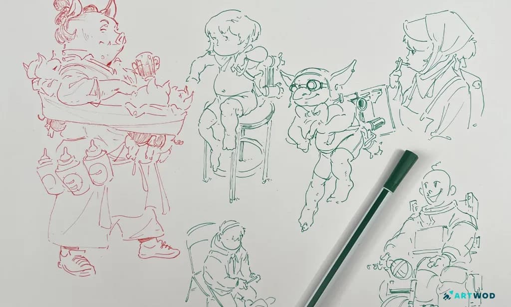 sketchbook page from Antonio Stappaerts, 6 sketches made with red and green pens, traditional drawings. Humanoid pig with little piggies, little girl sitting on a chair, pig in glasses