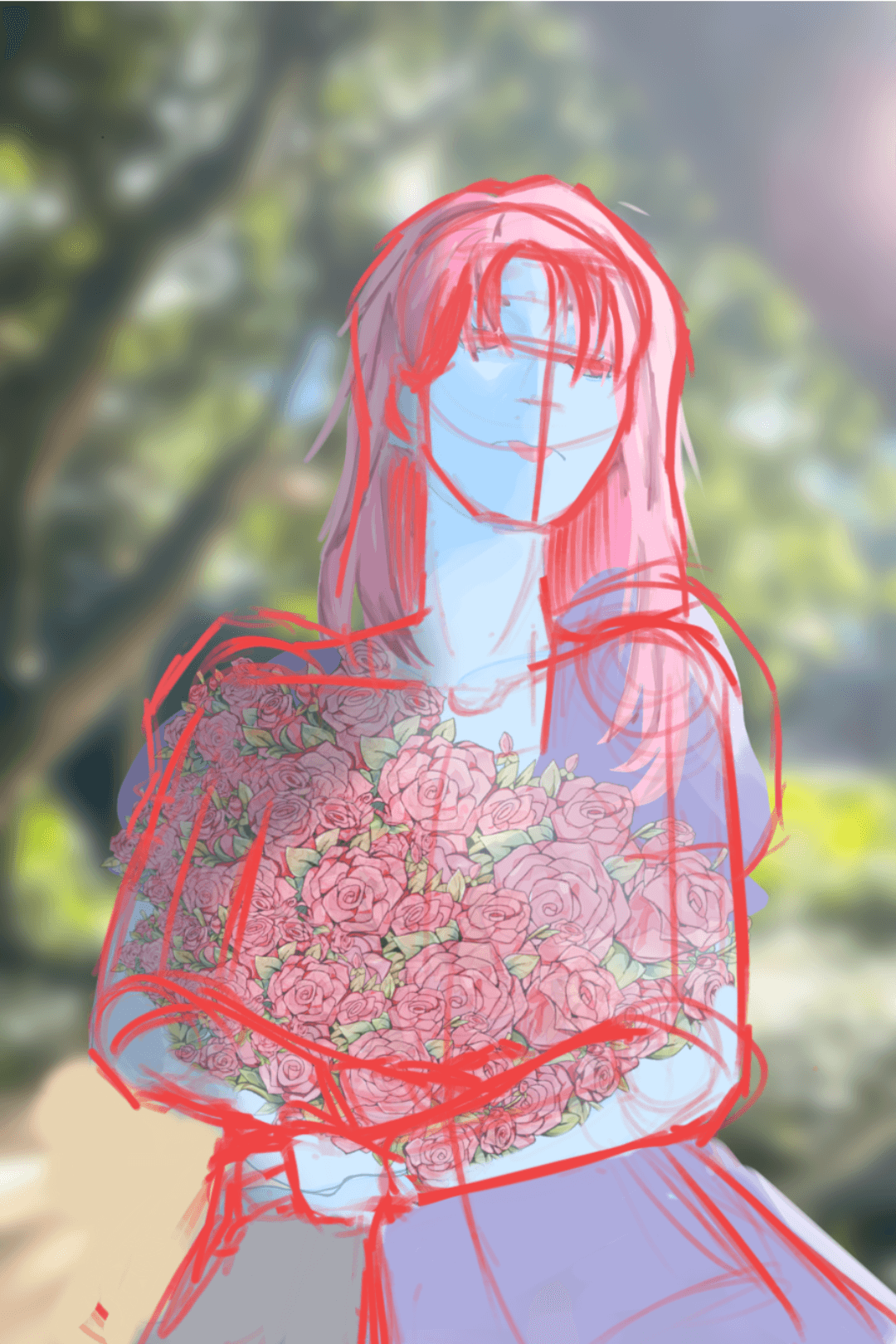 Pink haired girl in a park