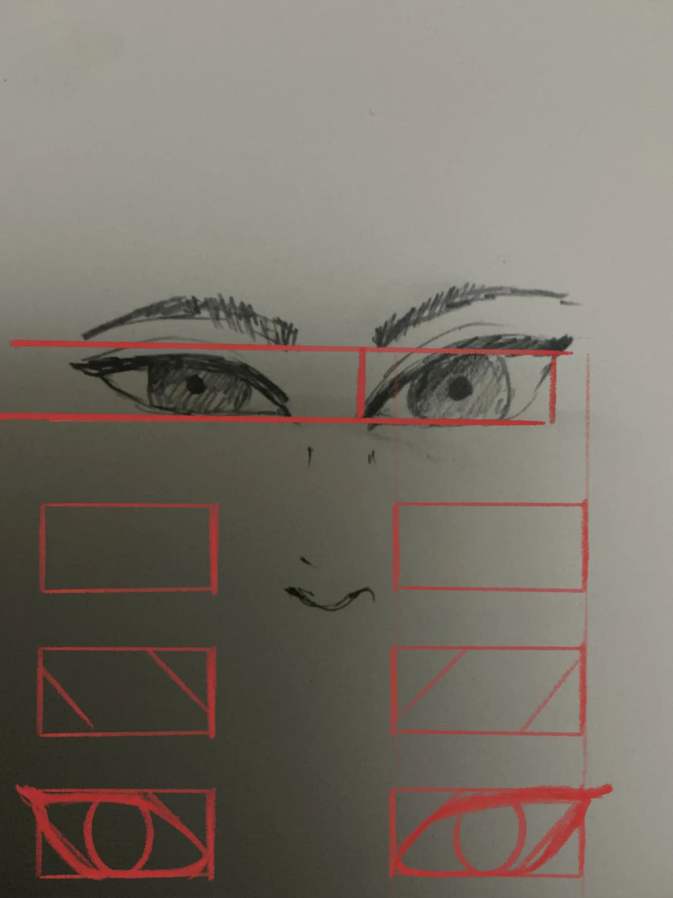 easy way to draw anime eyes? mine still look off	I’m trying to sketch anime eyes and they never really look even. one is always a little bigger or sitting weird. I mostly use pencil. I think my proportions and construction need work, would appreciate some feedback on what to fix
