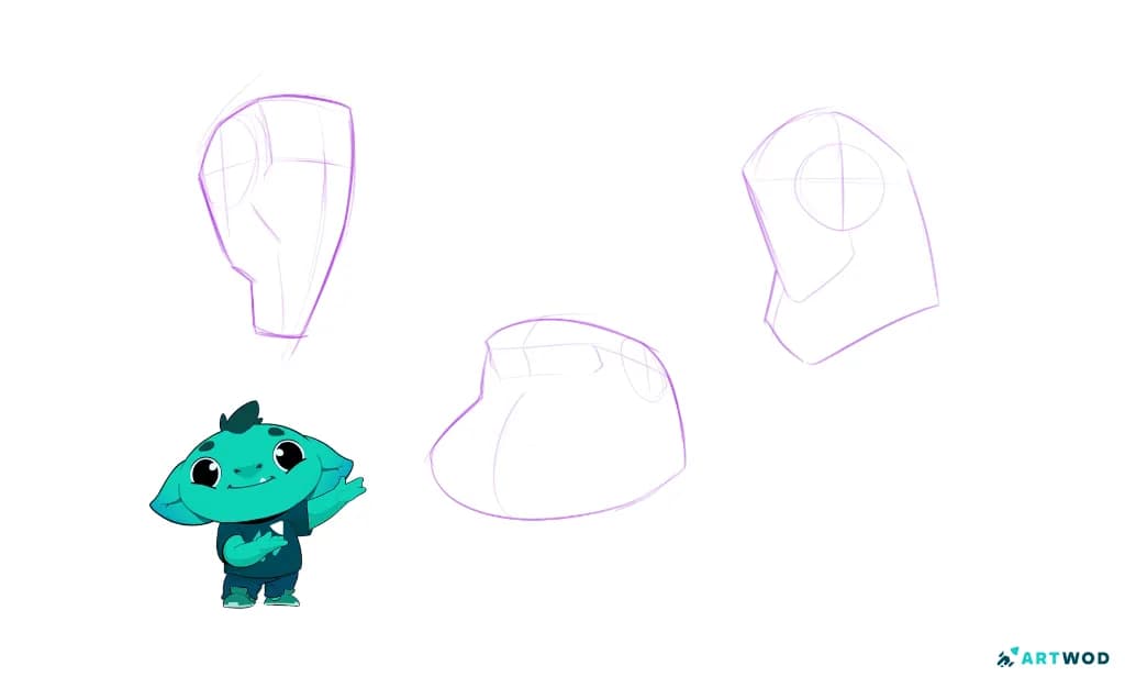 Digitale 2D-Formzeichnungen mit rosafarbenem Stift, praktische Übungen für Schüler. Artwod Mascott Woddy (kleine grüne Kreatur) links zeigt die Formen an.