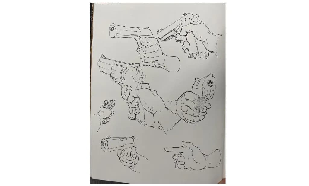 Page de carnet remplie de mains tenant des pistolets, art traditionnel au stylo noir, par Antonio Stappaerts