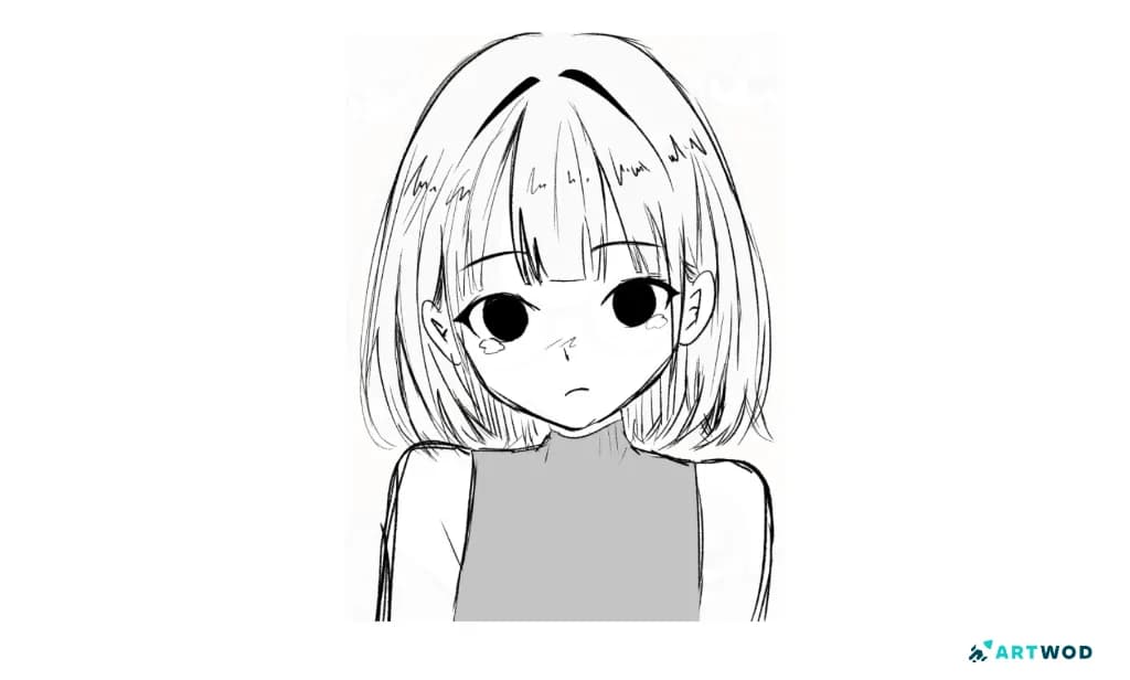 Anime character drawing with large dark eyes, short bobbed hair, straight bangs, and a small neutral mouth