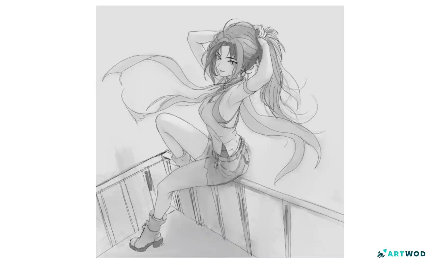 Anime arm drawing study showing a seated anime girl with both arms raised around her head