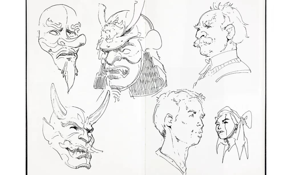 Page de carnet remplie de portraits et de masques, faite au stylo noir, art traditionnel par Antonio Stappaerts