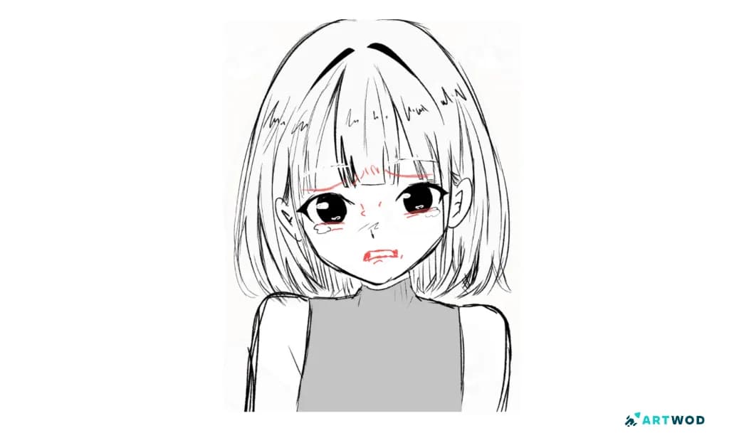 Sad anime expression paintover showing revised eyebrow and eye shapes, brighter eye highlights, and a more expressive mouth