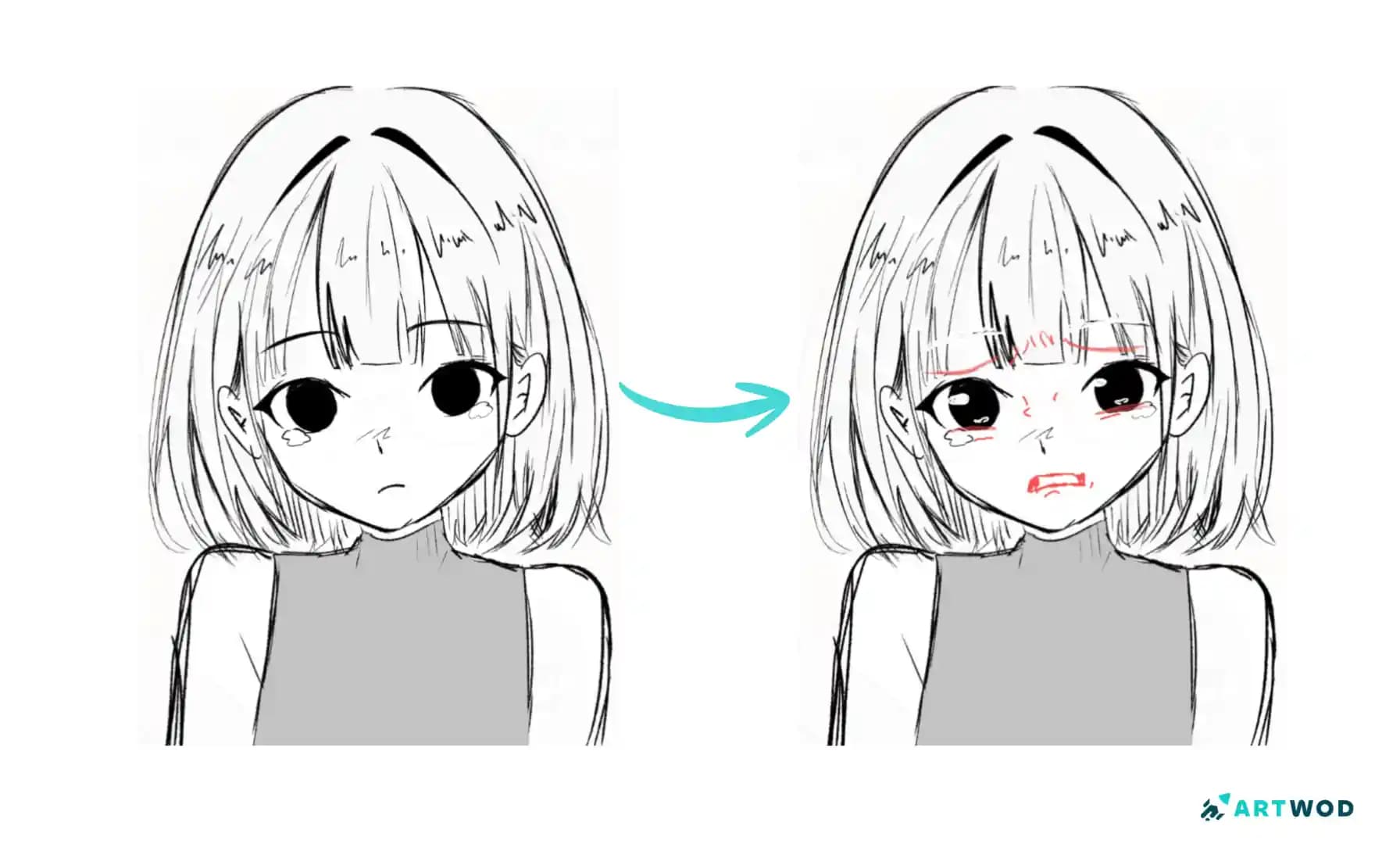 Simple sad anime expression drawing showing a character with large eyes, short hair, and a restrained mouth