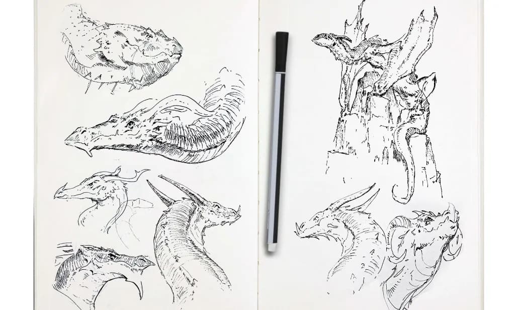 Page de carnet remplie de dragons, têtes de dragons au stylo noir, art traditionnel par Antonio Stappaerts