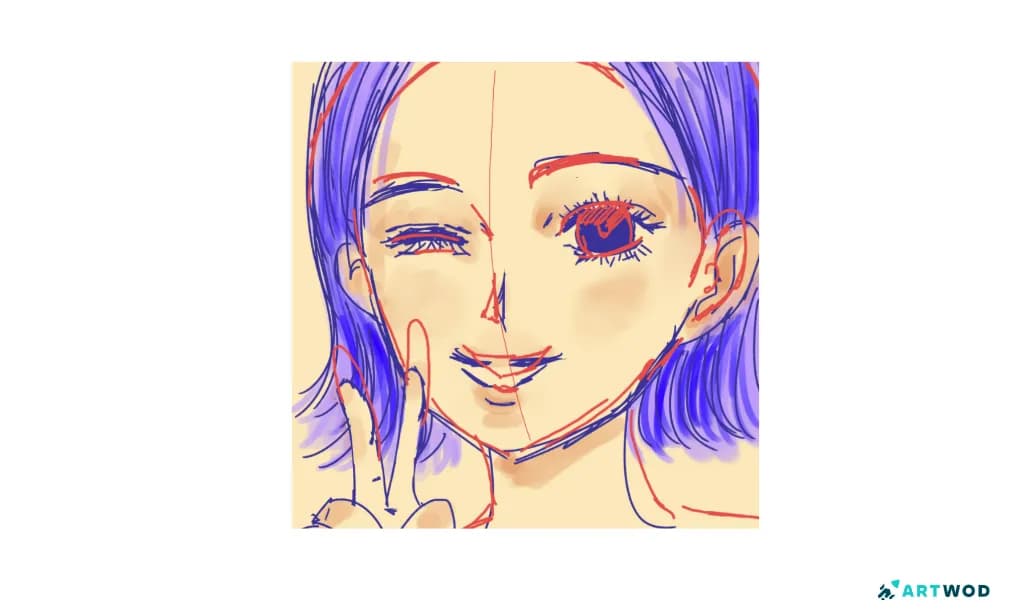Anime girl wink eye paintover showing facial centerline, eye adjustments, ear structure, jaw shape, and hand corrections