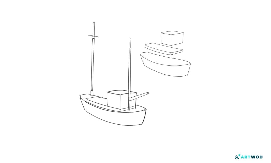 Step 2, drawing a boat, digital 2d pen sketch, boat simple forms breakdown