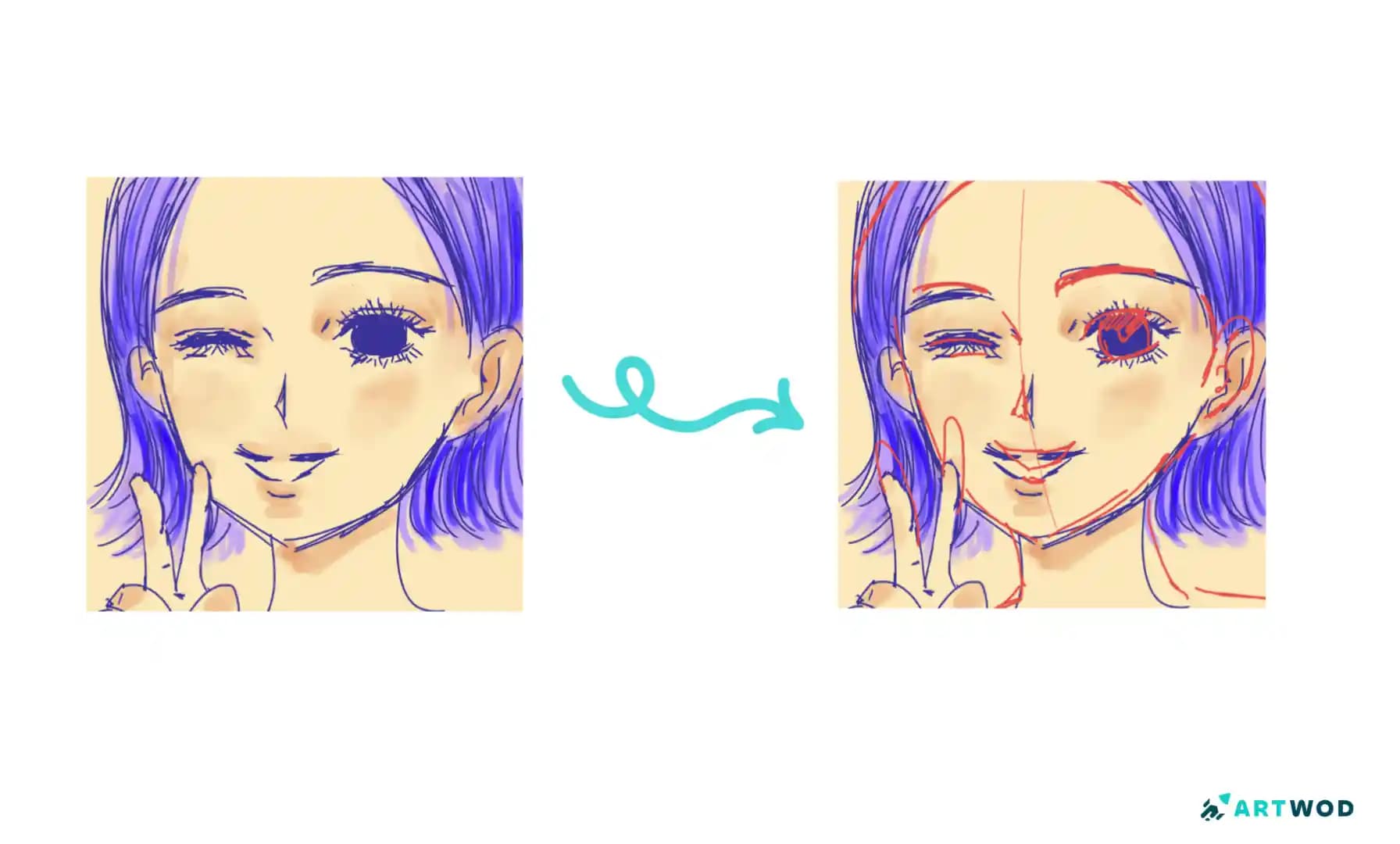 Anime girl drawing with one eye winking, one open eye, purple hair, and a raised hand
