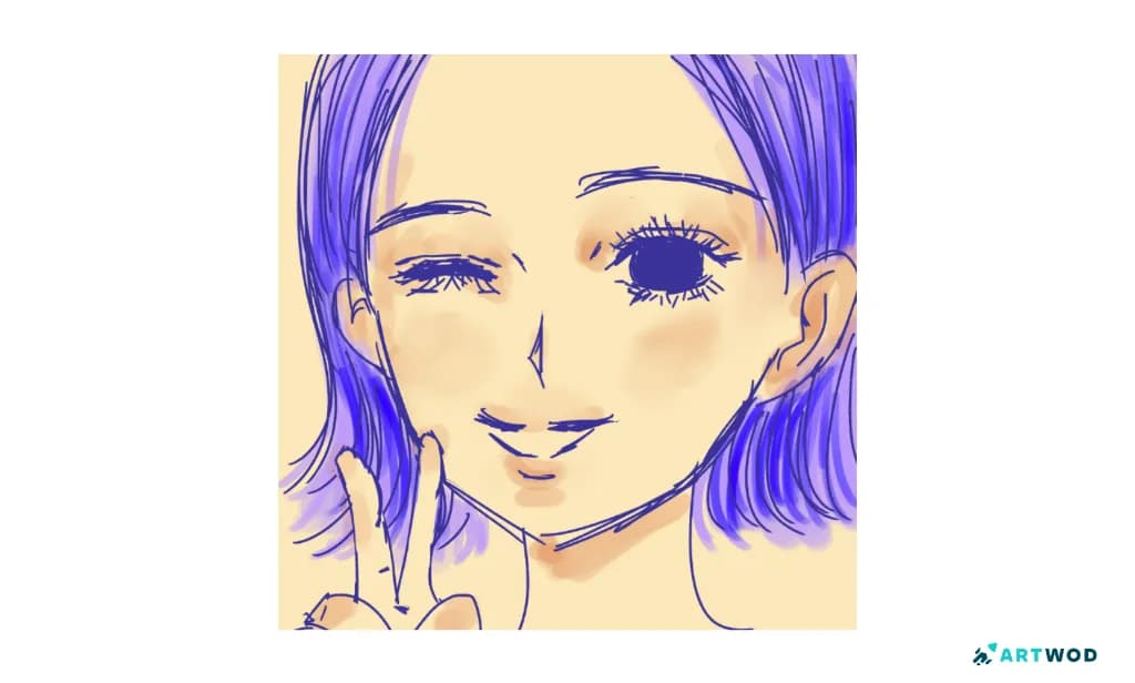 Anime girl sketch with one closed wink eye, one large open eye, purple hair, and a raised hand