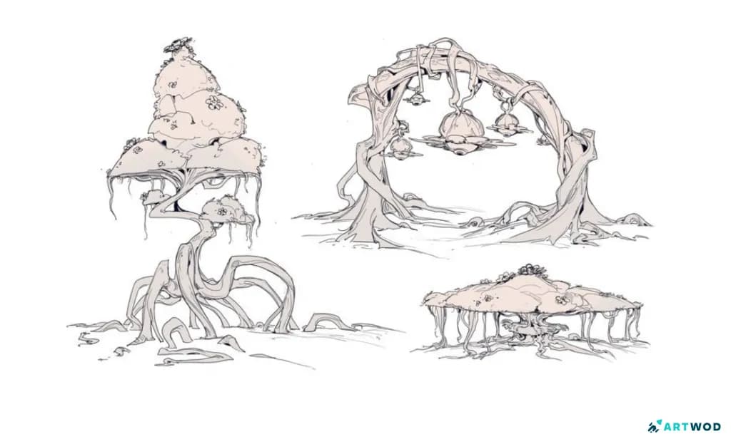 Environment asset designs. 3 whimsical trees. 2d digital art